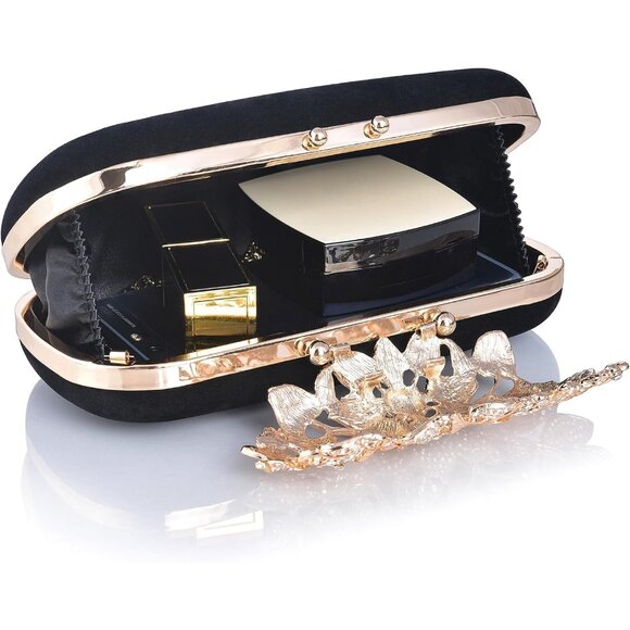 ⚡ Women\'s Rhinestone Evening Formal Party Prom Crystal Velvet Black Clutch Bag